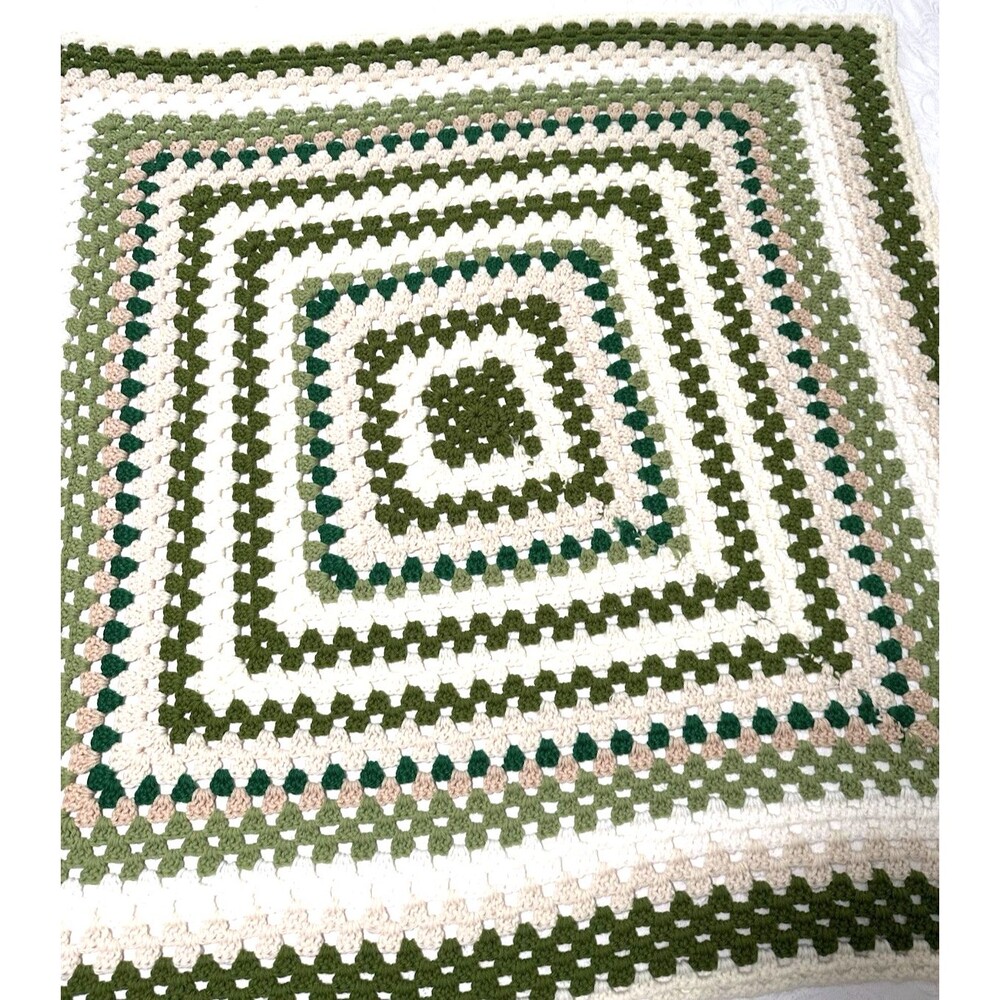Vintage Handmade Granny Square Afghan Crochet Lap Throw Blanket 46 x 44 Green